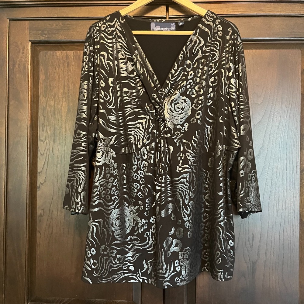 Susan Graver Long Line Flowy Stretchy Top Womens Plus Size 3X Party Made in USA